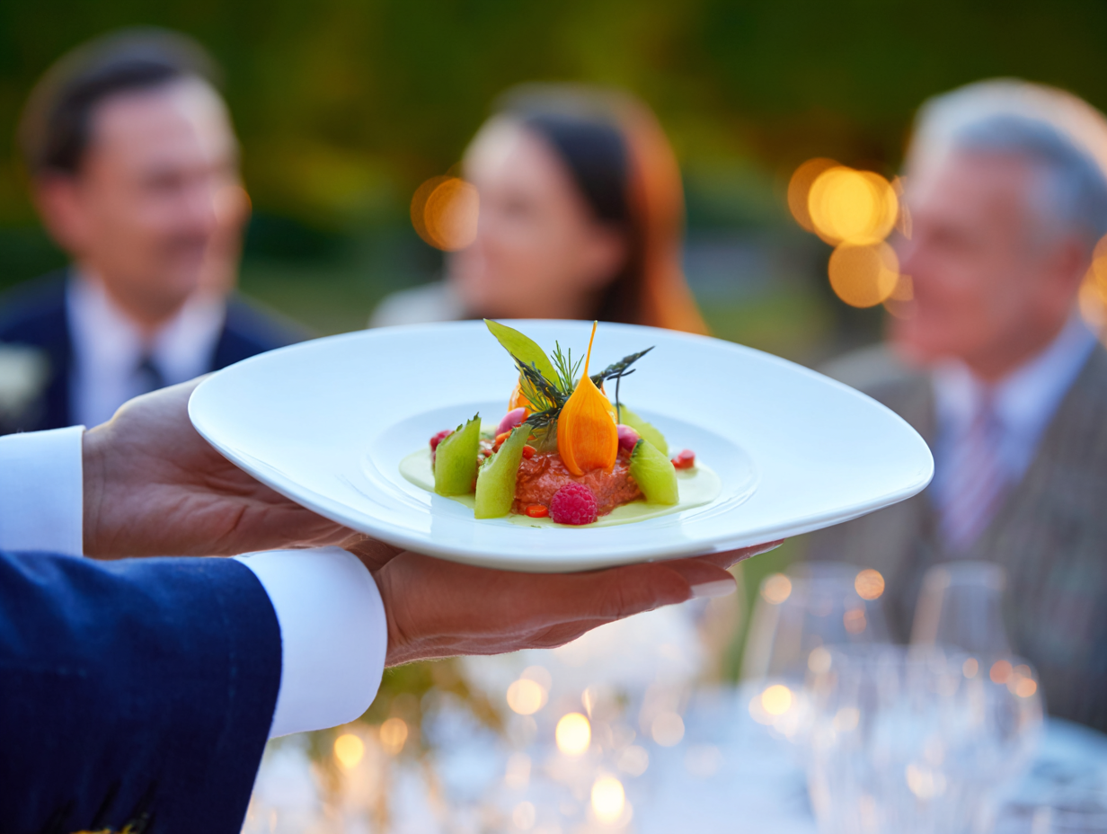 Waiter serving a beautifully plated dish at elegant dinner